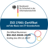 Siegel ISO 27001 Zertifikat auf der Basis von IT-Grundschutz