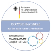 Siegel ISO 27001 Zertifikat auf der Basis von IT-Grundschutz