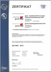 Zertifikat Qualitätsmanagementsystem nach DIN EN ISO 9001 : 2015