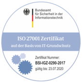 Siegel ISO 27001 Zertifikat auf der Basis von IT-Grundschutz